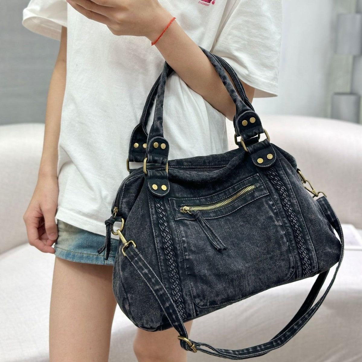 Women's Wash Water Large Capacity Motorcycle Vintage Tote Bags