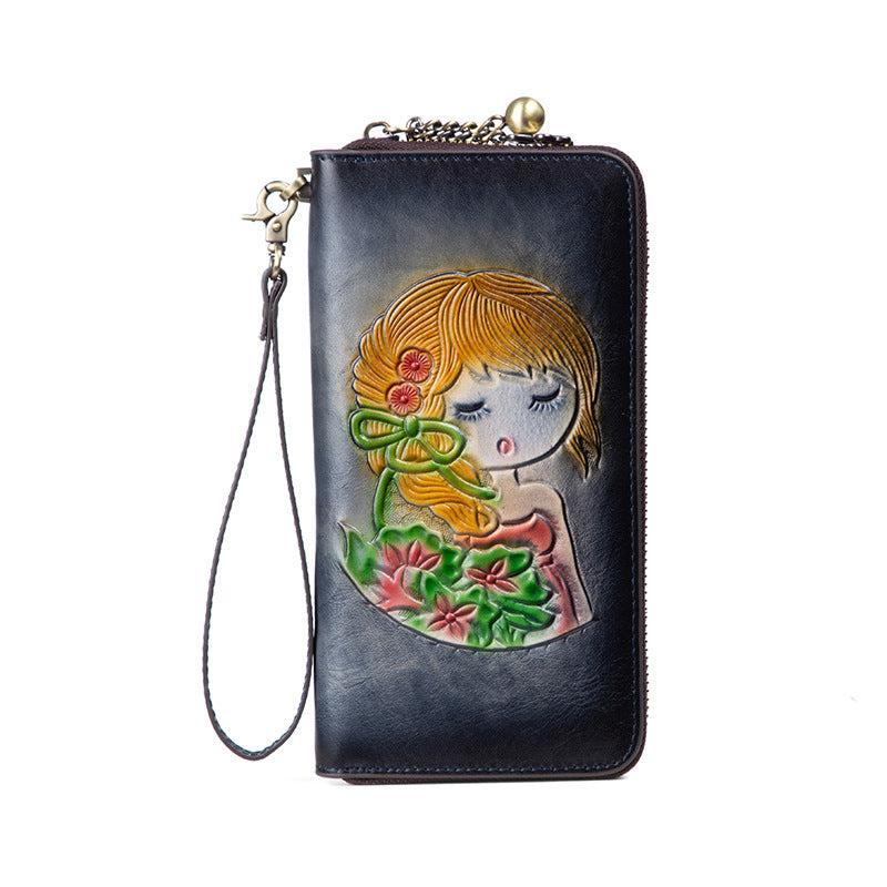 Women's Handmade Leather First Layer Cowhide Long Purses