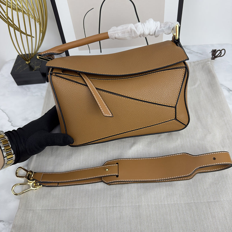 Women's Geometric Rhombus Soft Leather Stitching Genuine Portable Shoulder Bags