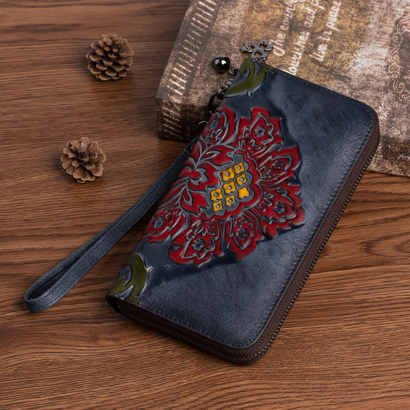 Women's First Layer Vegetable Tanning Leather Brushed Long Retro Ladies Wallets