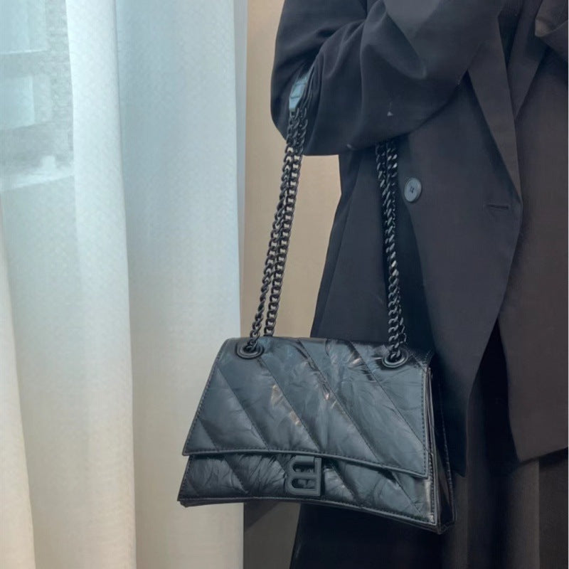 Women's Twill Hourglass Leather Folds Rhombus Chain Buckle