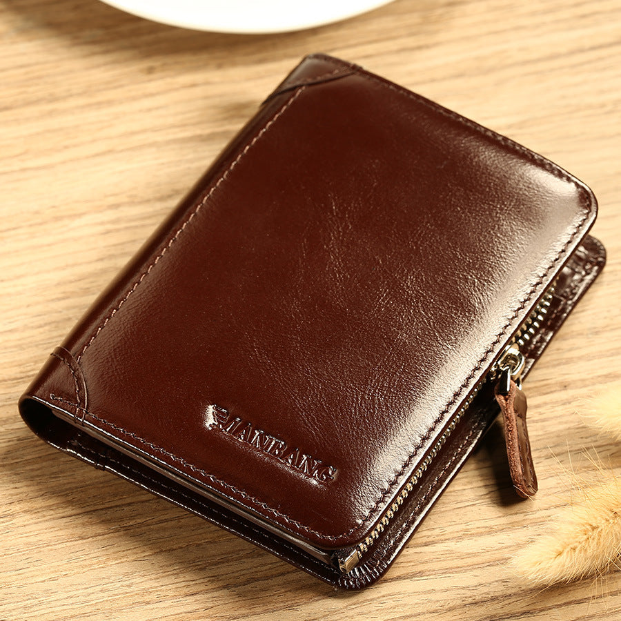 Men's Cowhide Pocket Zipper Multiple Slots Short Men's Wallets