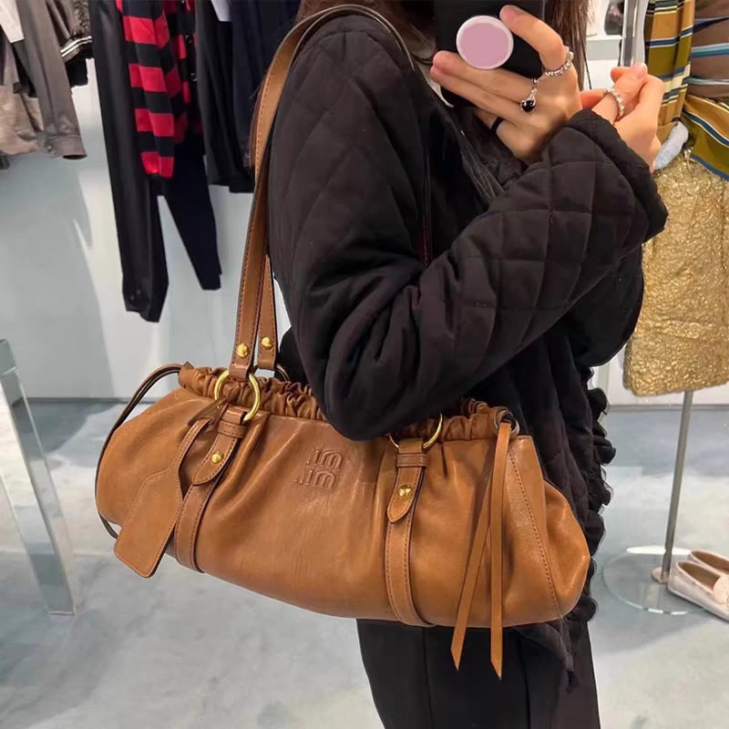 Women's Miao Genuine Leather Pleated Drawstring Cloud Handbags