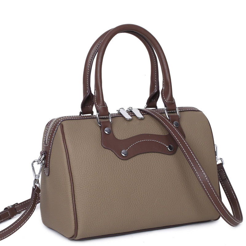 Women's Fashion Color Contrast Boston Genuine Leather Handbags