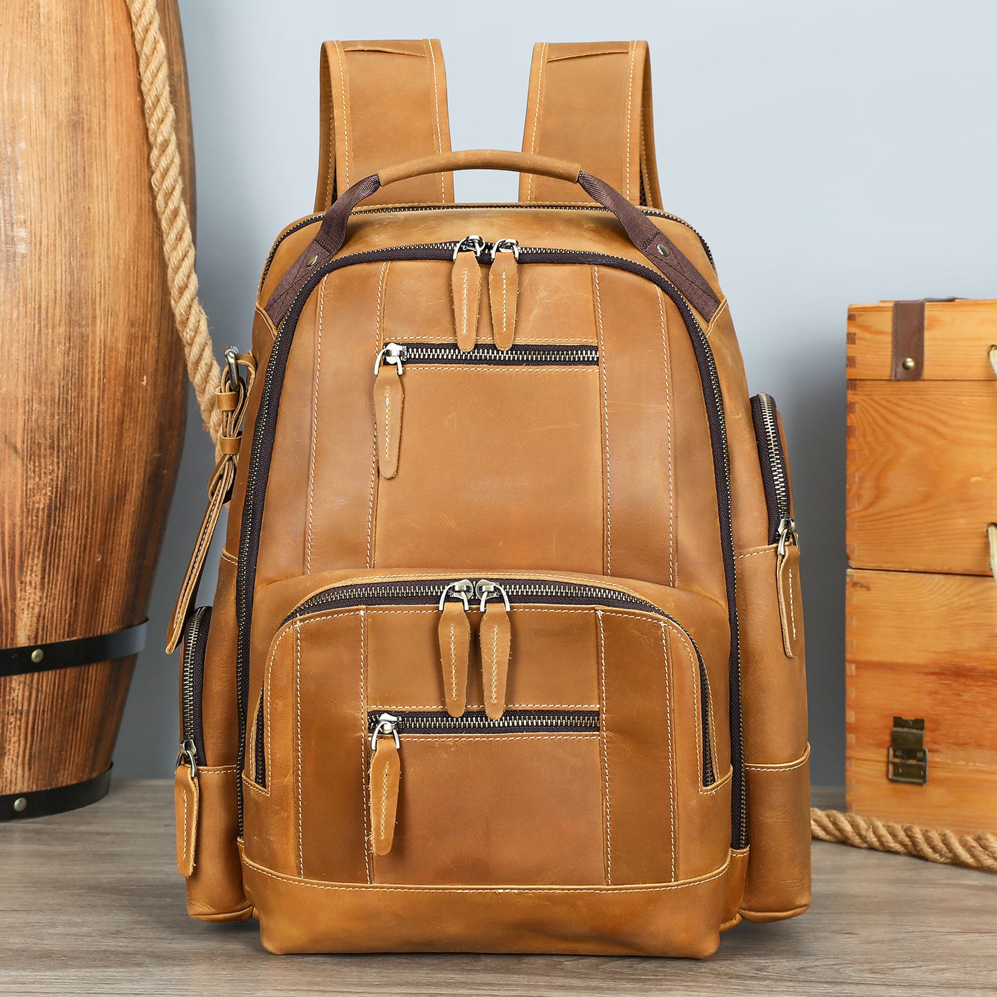 Men's Crazy Horse Leather Retro Computer Running Backpacks