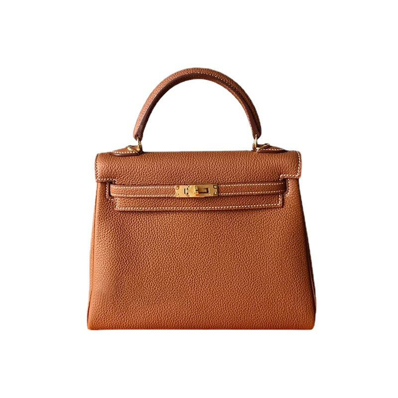 Women's Kelly Cow Leather Litchi Pattern Portable Shoulder Bags