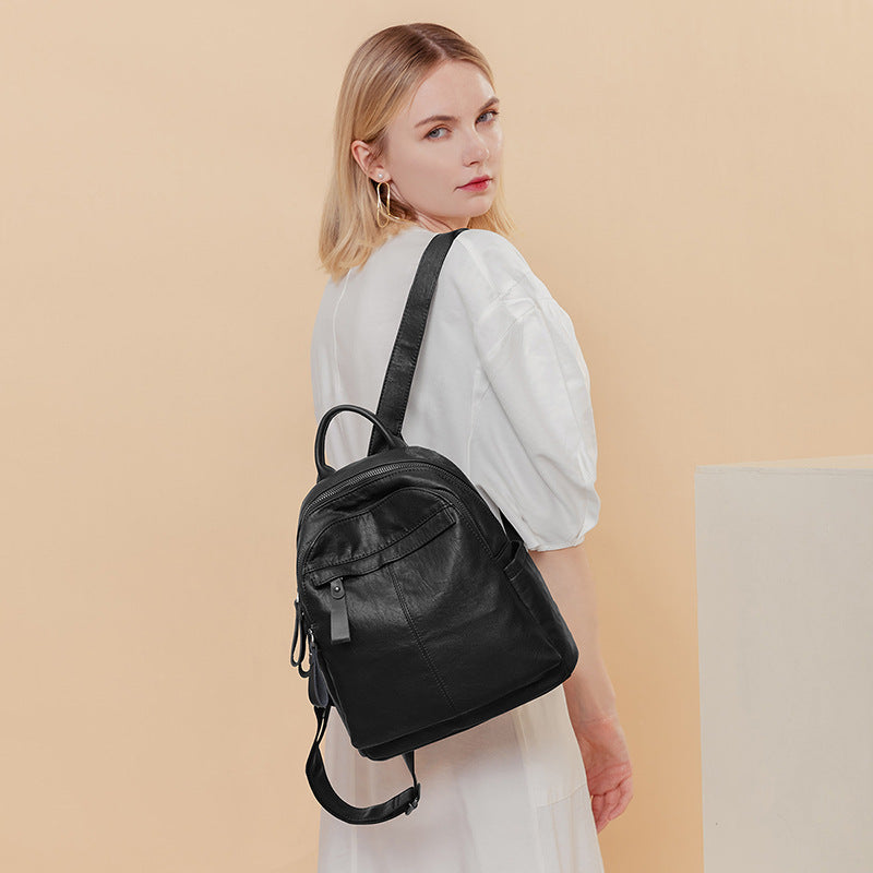 Women's Fashion Trendy Versatile Black Soft Leather Backpacks