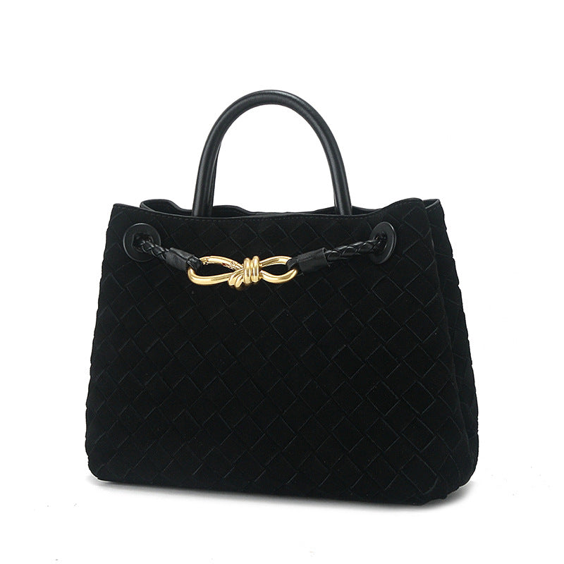 Women's Suede Layer Cowhide Bow Woven Handbags