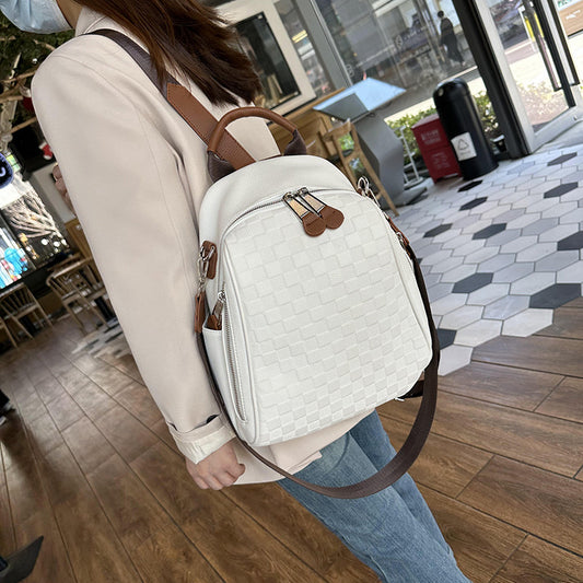 Chessboard Plaid Female Beige College Leisure Backpacks