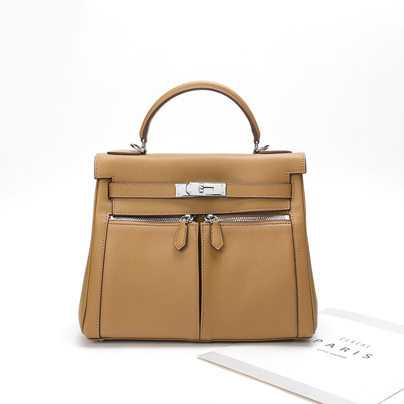 Women's Leather Retro Double Pocket Zipper Wide Handbags