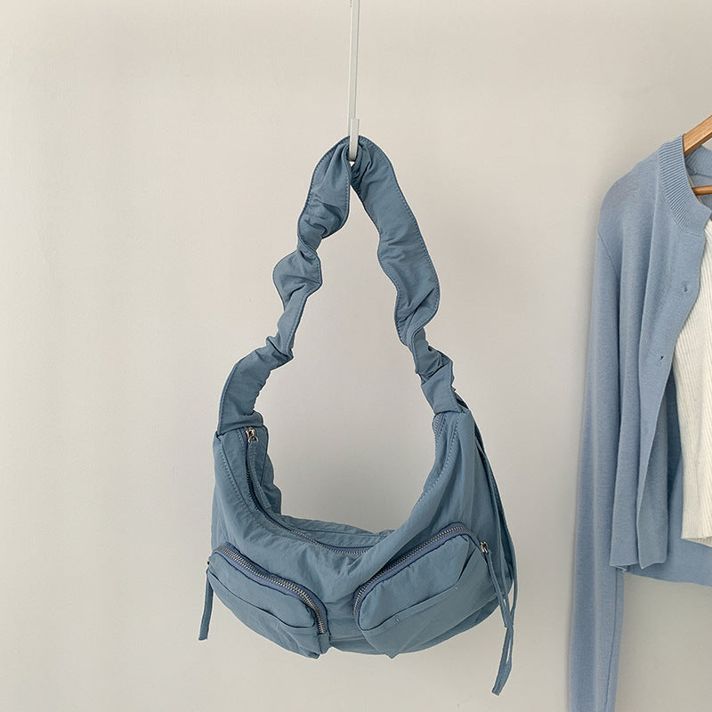 Women's Summer Pleated Nylon Cloth Solid Color Shoulder Bags