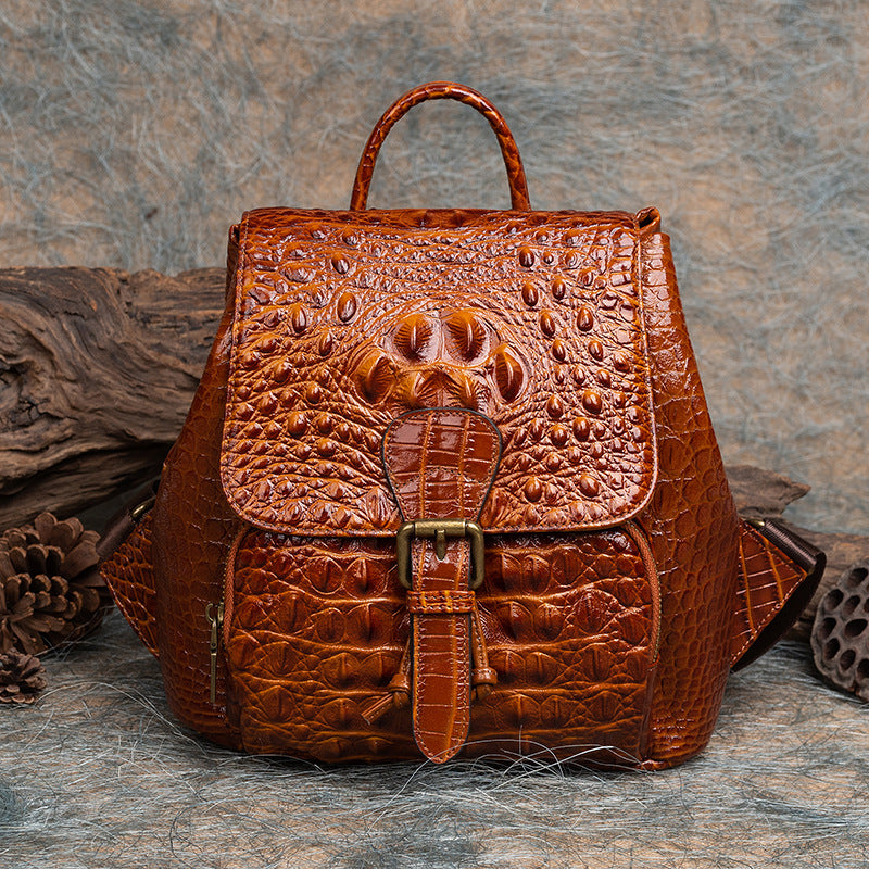 Top Layer Cowhide Crocodile Pattern Chinese Style Retro Backpacks