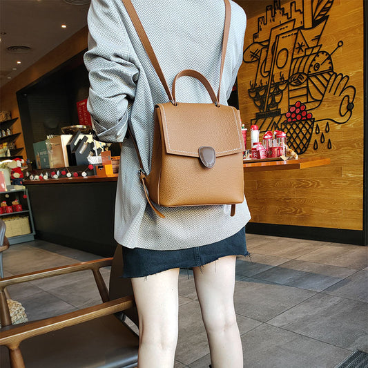 Women's Line Fashion Cowhide Texture Soft Leather Backpacks