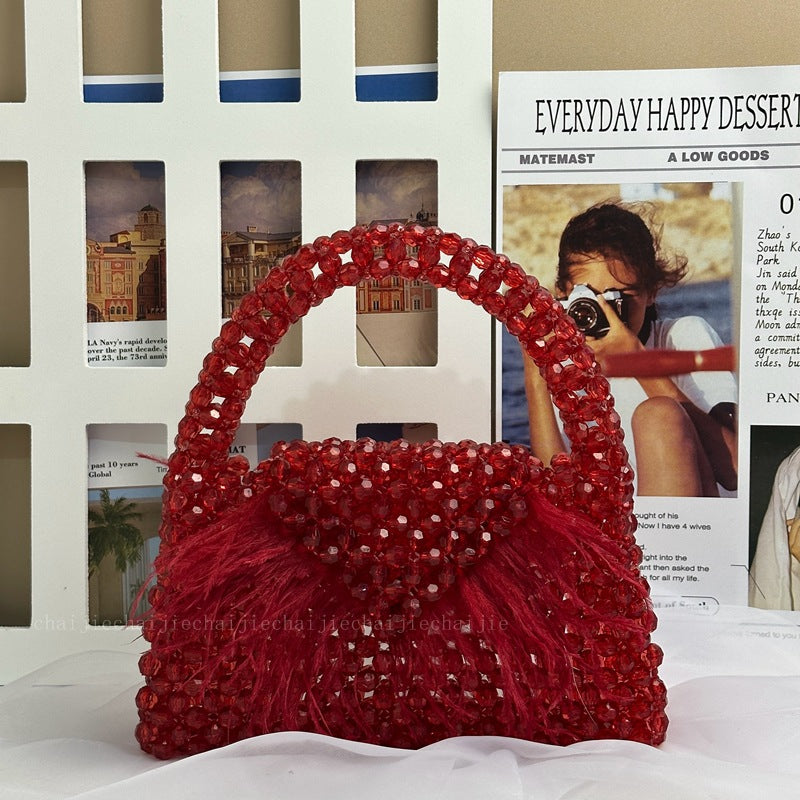 Women's Acrylic Beaded Feather Decoration Hand-woven Fashion Handbags
