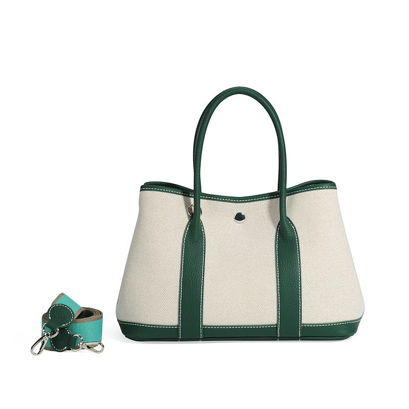Large Capacity Canvas Stitching Contrast Color Genuine Cattlehide Leather Crossbody Bags