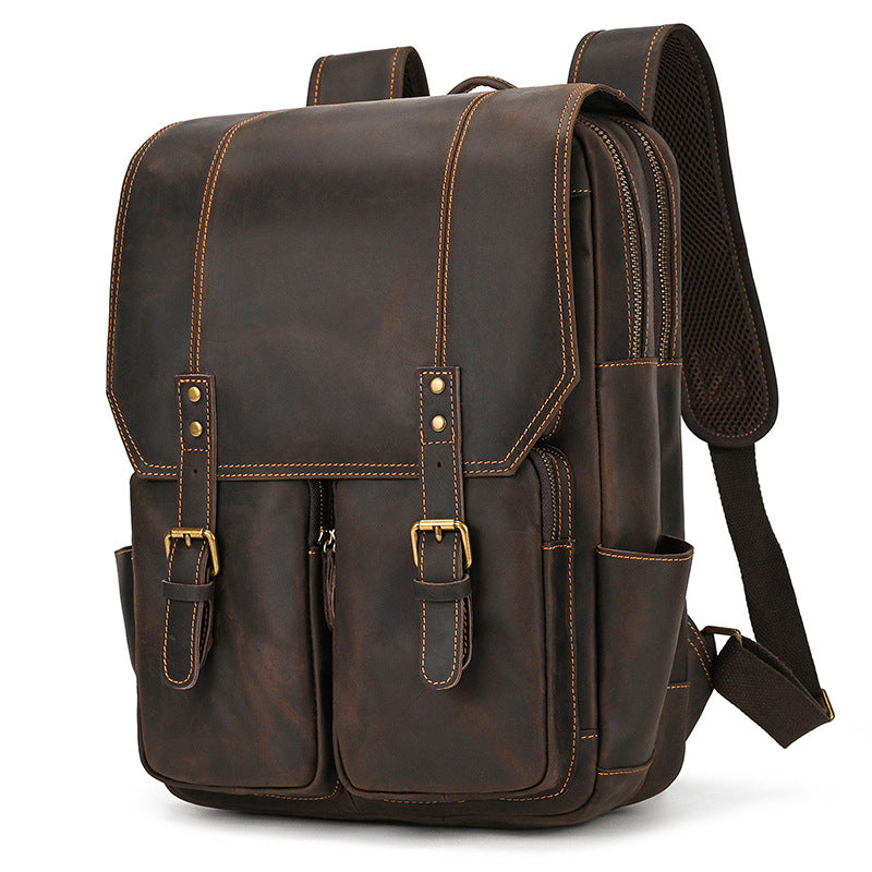 Men's Retro Crazy Horse Leather Flip Genuine Backpacks