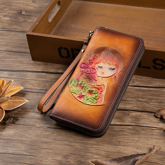 Women's Handmade Leather First Layer Cowhide Long Purses