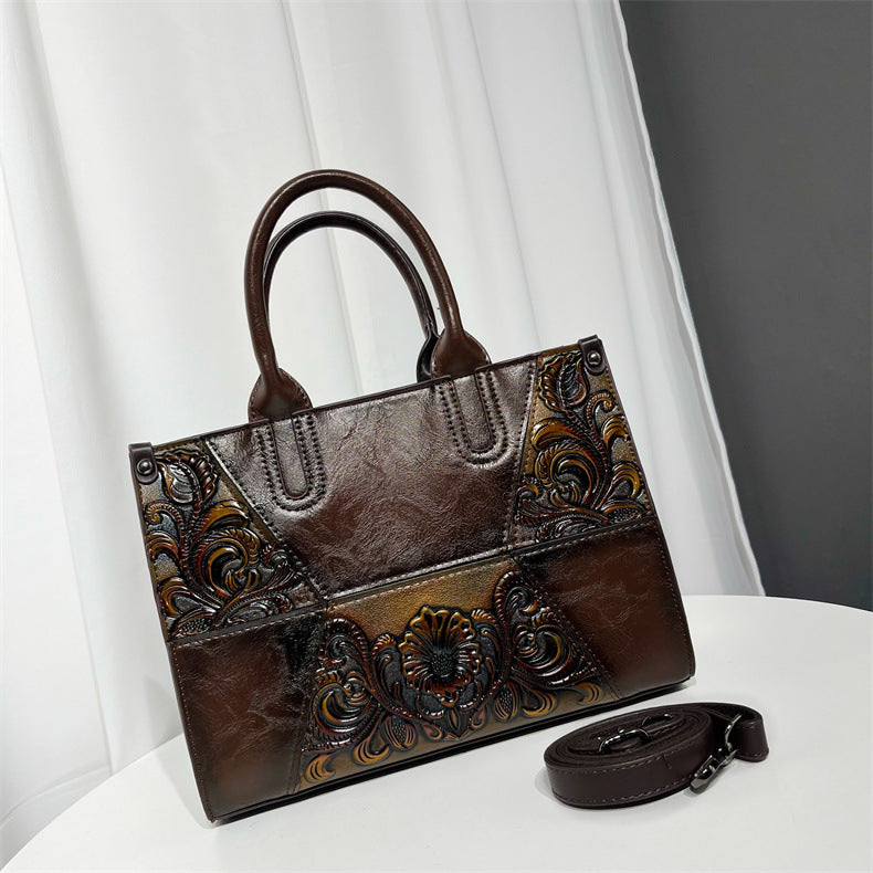 Women's Chinese Style Stitching Artistic Relief Painted Handbags