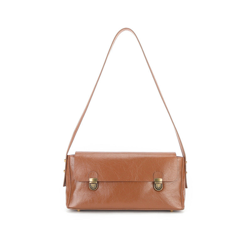 Women's Retro Underarm Baguette Layer Oil Wax Shoulder Bags