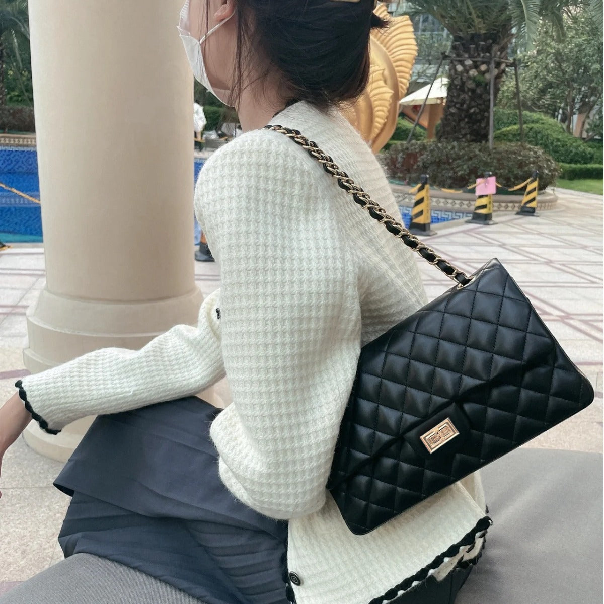 Women's Genuine Leather Classic Style Diamond Chain Armpit Bags