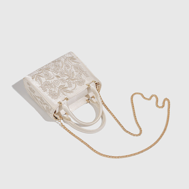 Women's Decorated Pearls Chain Hand Silk Satin Texture Crossbody Bags