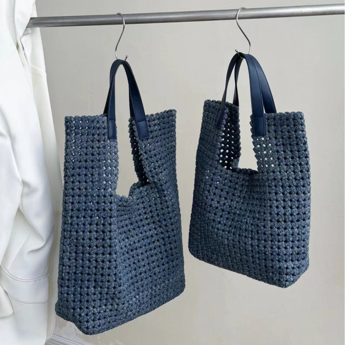 Large Capacity Denim Woven Commute Cowhide Shoulder Bags