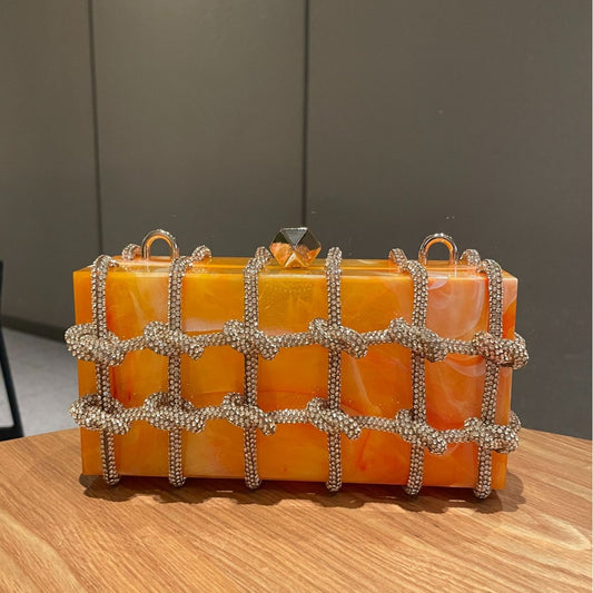 Women's Cloud Marble Acrylic Box Diamond Hand-woven Handbags