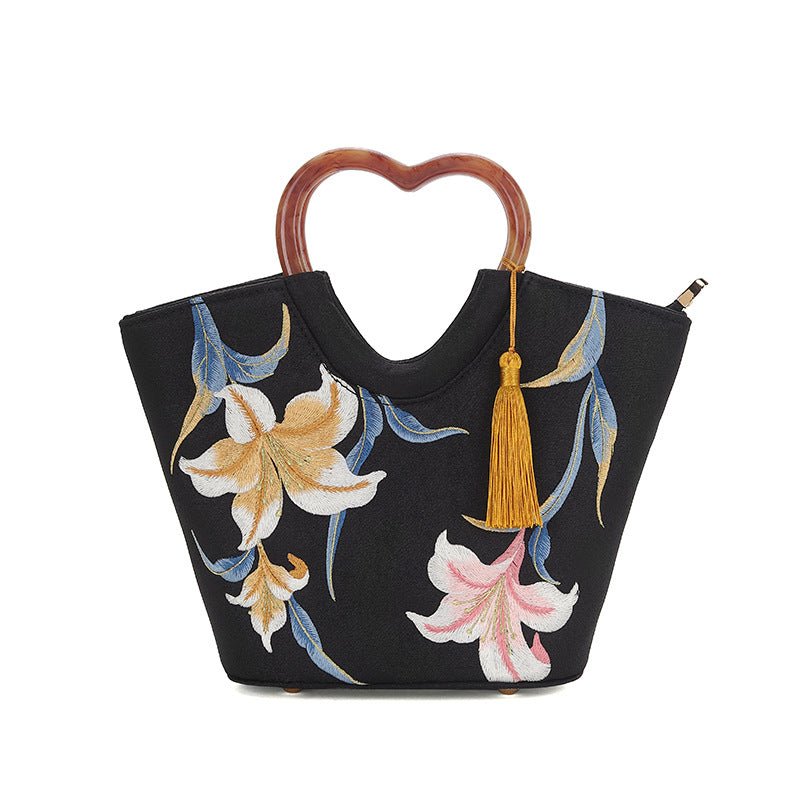 Coral Lily Embroidered Wooden Ancient Style Handbags
