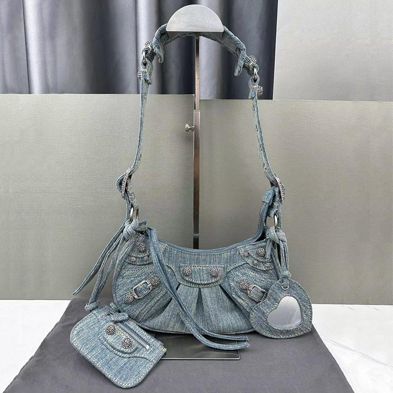 Women's Denim Motorcycle High-grade Three-in-one Diamond Rivets Armpit Bags