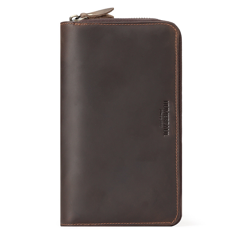 Men's First Layer Cowhide Vintage Zipper Multiple Slots Genuine Leather Men's Handbags