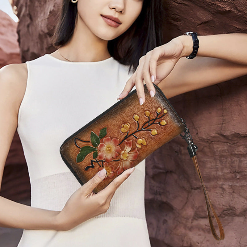 Women's Leather Double Zipper Long Embossed Hand-rub Color Ladies Wallets