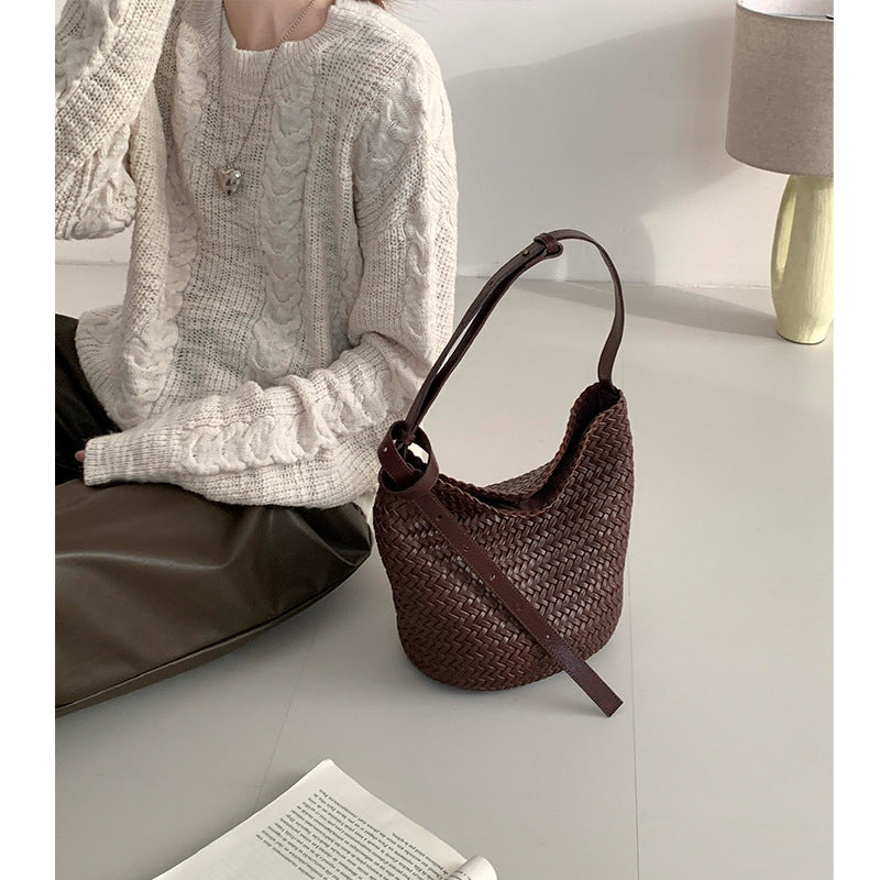 Women's Niche Cowhide Woven Commute Genuine Leather Large Crossbody Bags