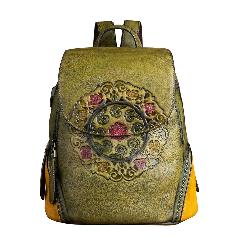 Chinese Style First Layer Cowhide Embossed Backpacks