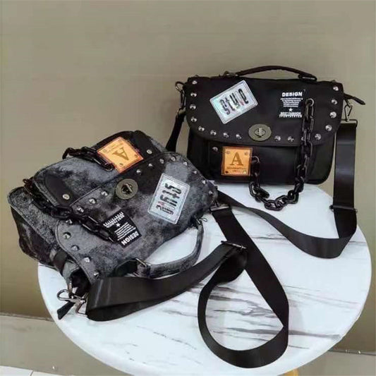 Women's Fashion Retro Denim Difference Personality Rivets Shoulder Bags