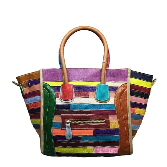 Women's Genuine Leather Cowhide Fan Real Stitching Smiling Handbags