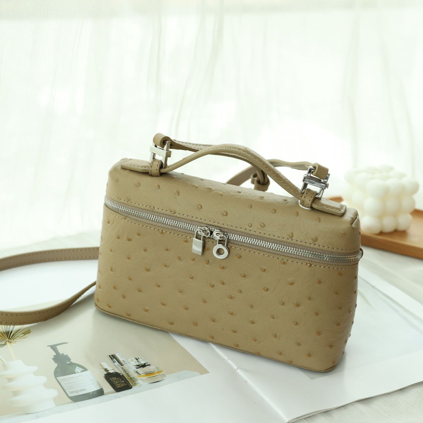 Women's First Layer Cowhide Ostrich Grain Lunch Box High-grade Crossbody Bags