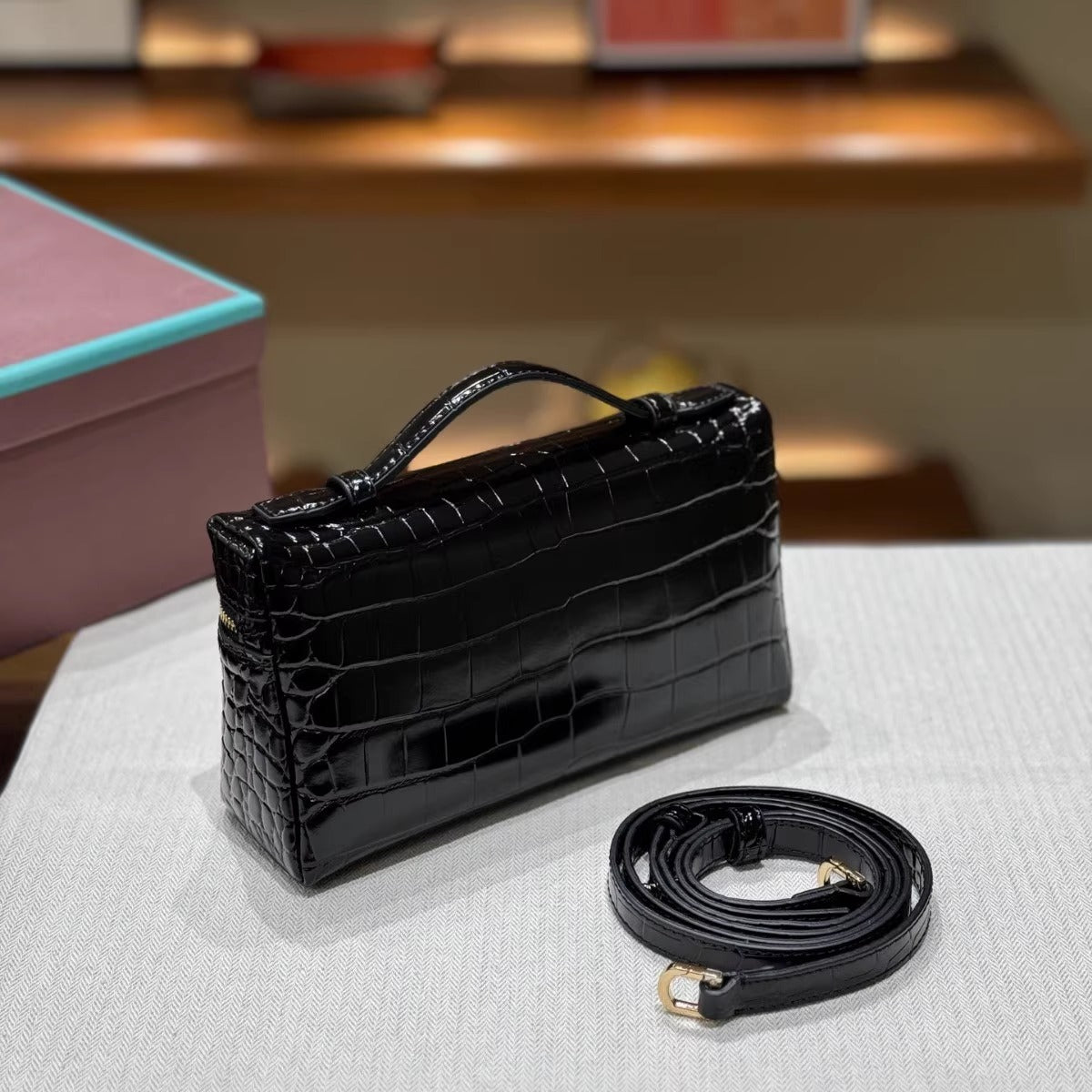 Crocodile Pattern Box Genuine Leather Lunch Shoulder Bags