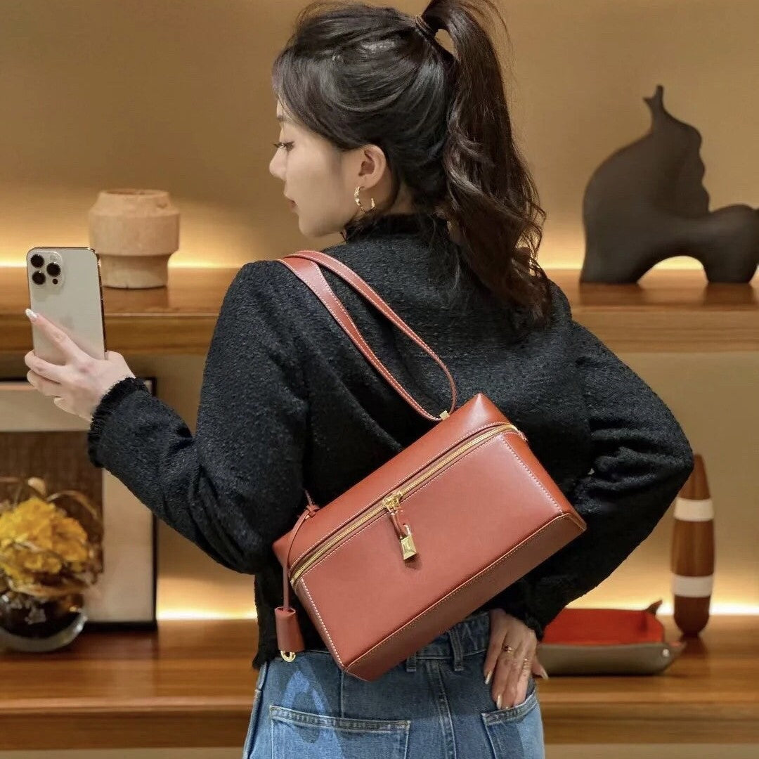 Women's Underarm Plain Cowhide Lunch Box Portable Crossbody Bags