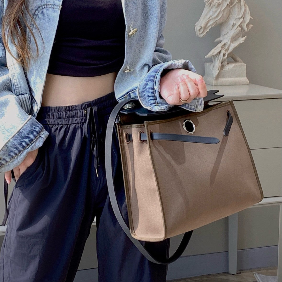 Women's Stitched Cowhide Kelly Color Matching Large Handbags