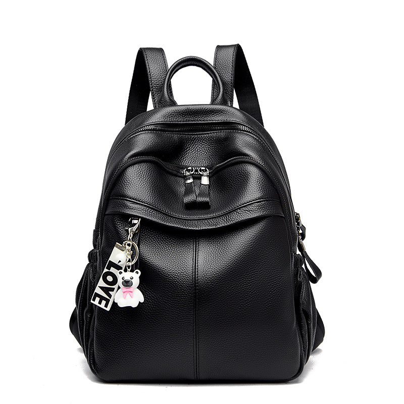 Women's Leather Fashion Bear Pendant Large Capacity Backpacks