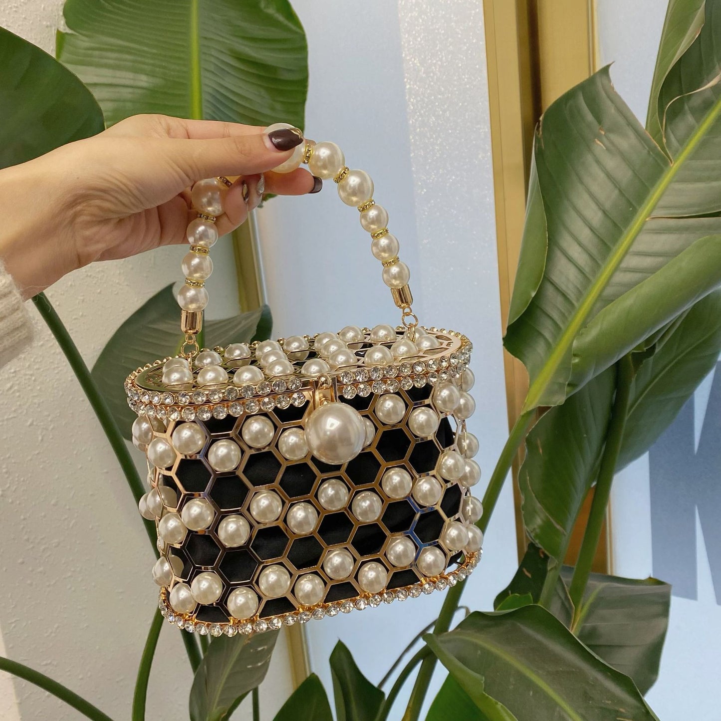 Women's Basket Dinner Shiny Rhinestone Pearl Shoulder Bags