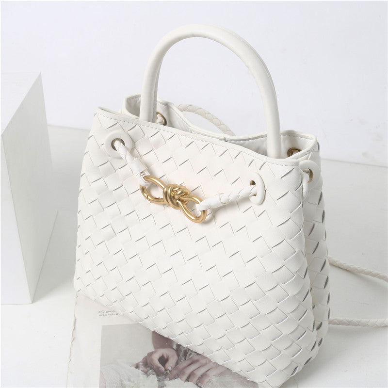 Women's Cowhide Metal Cord Fastener Woven Bags