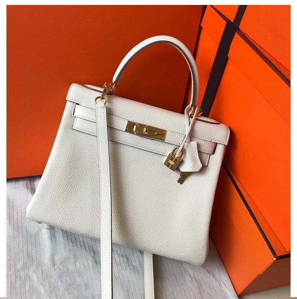 Women's First Layer Cowhide Lychee Pattern Kelly Shoulder Bags
