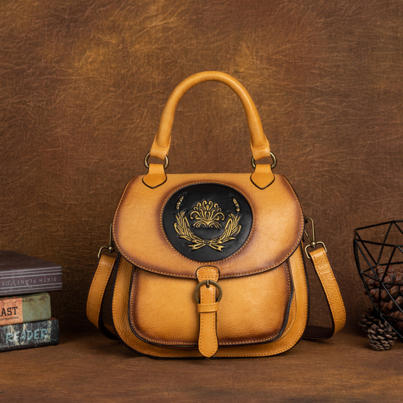 Women's Retro Cow Leather Chinese Style Embossed Backpacks