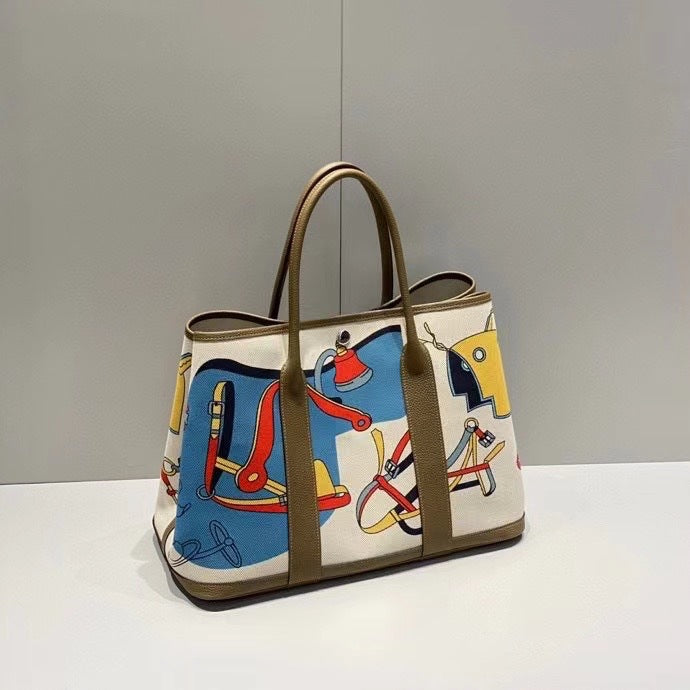Inch Iti Painted Canvas Stitched Cowhide Large Shoulder Bags