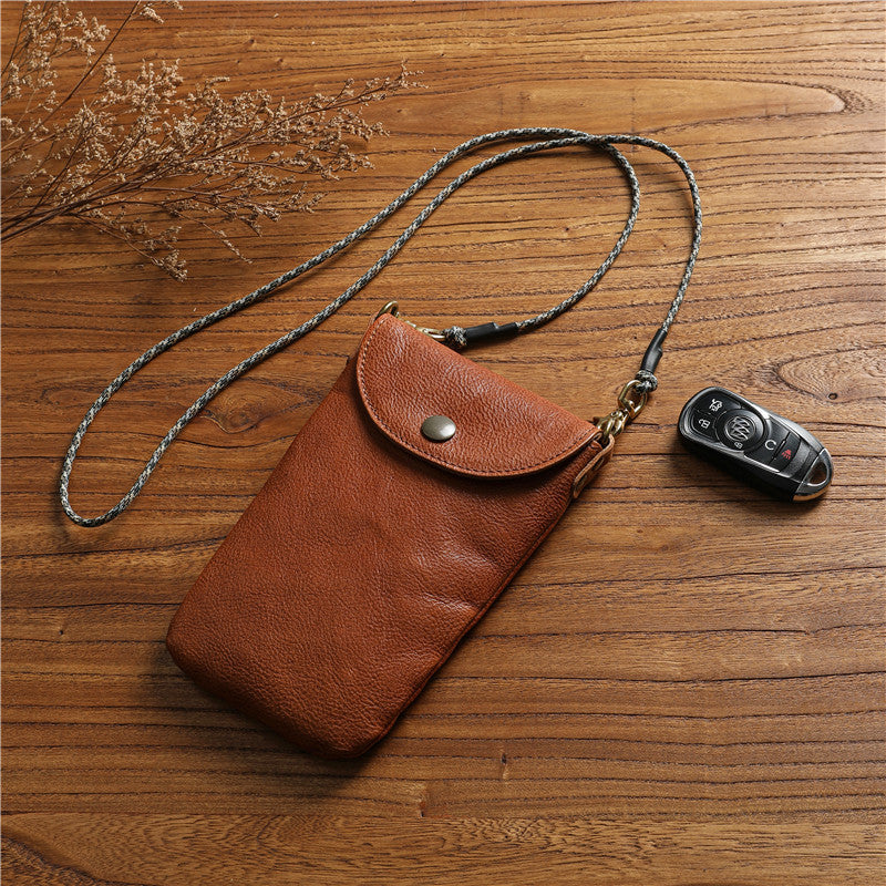 Women's & Men's Vegetable Tanned Leather Cowhide Mobile Mini Genuine Halter Crossbody Bags