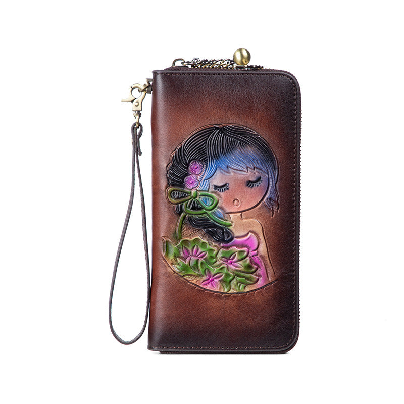 Women's Handmade Leather First Layer Cowhide Long Purses
