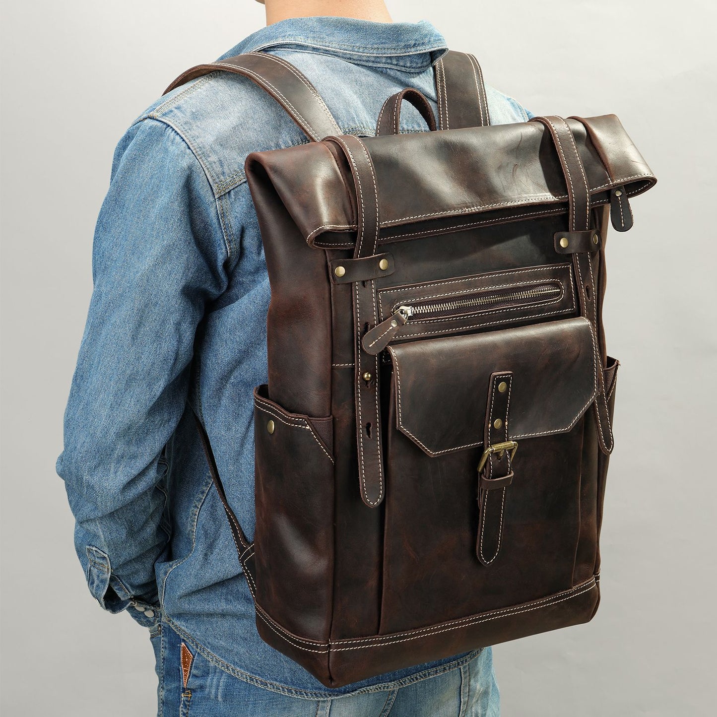 Men's Retro Crazy Horse Leather Mountain Climbing Backpacks