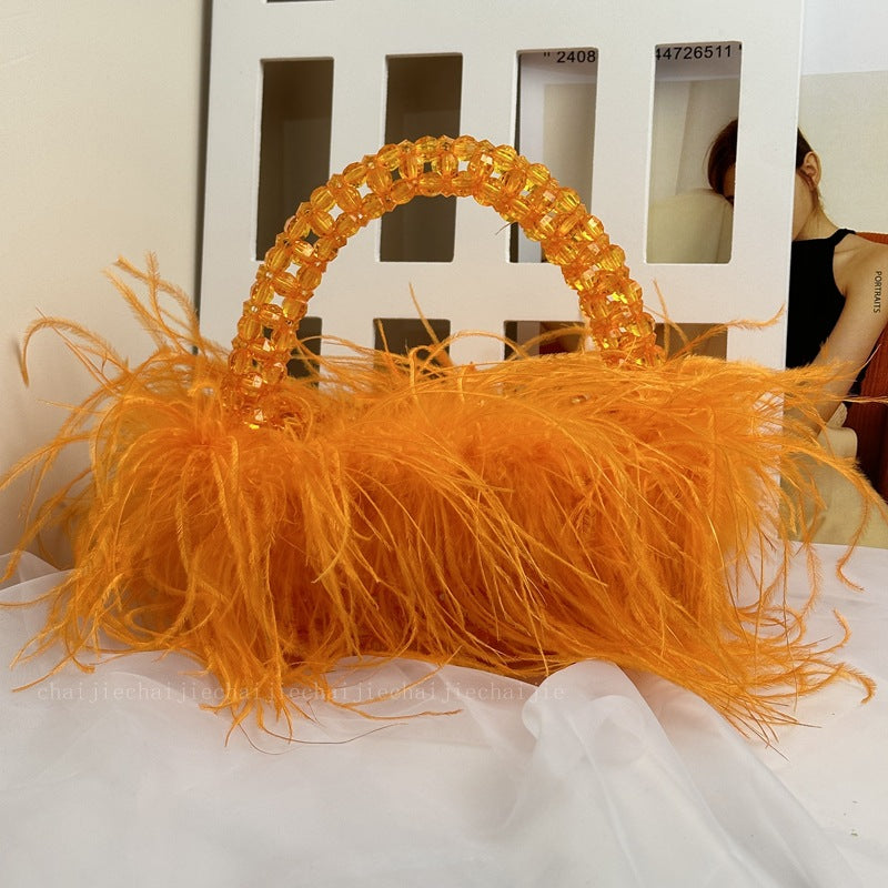 Women's Acrylic Color Ostrich Feather Beaded Birthday Handbags