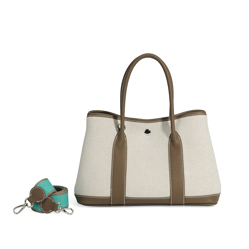 Large Capacity Canvas Stitching Contrast Color Genuine Cattlehide Leather Crossbody Bags